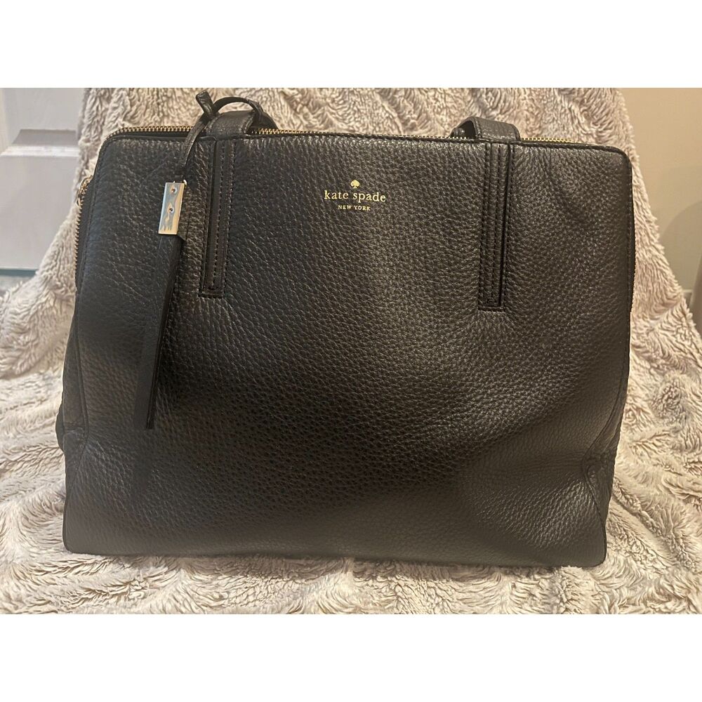 Kate Spade New York Black Pebbled Leather Double Zip Tote Bag Gold Hardware